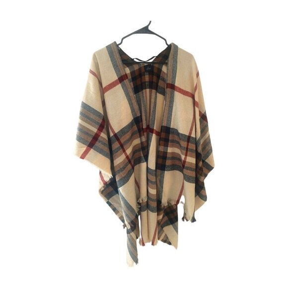 Fraas Classic Plaid Print Fringe-Trim Ruana Shawl in Beige Tan Women's One Size - Picture 1 of 4